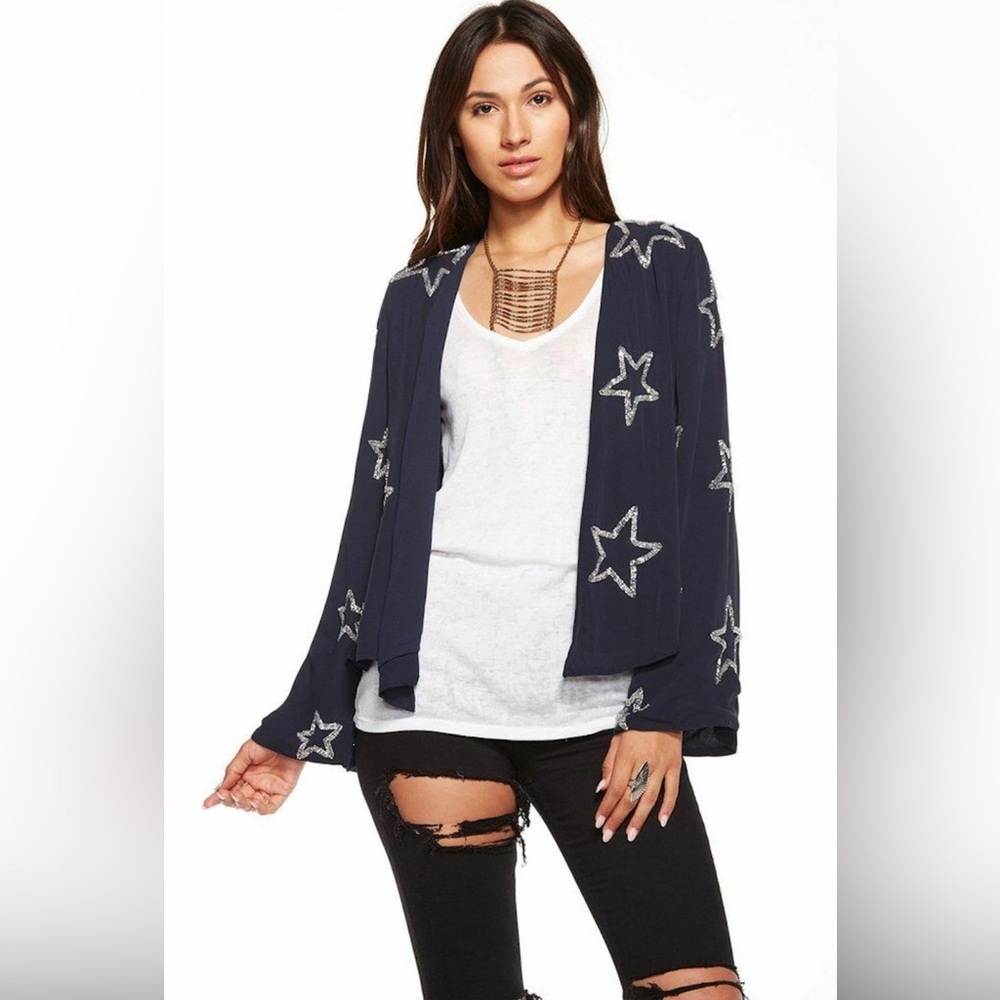 Chaser Beaded Star top in navy blue with silver beading
